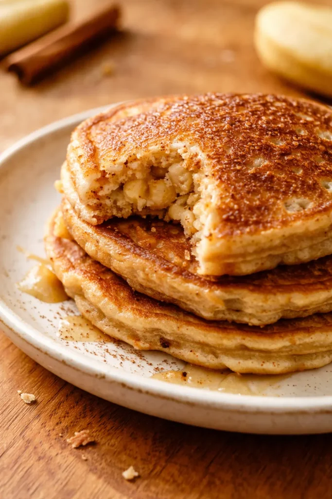 Tall stack of golden brown fluffy banana pancakes with butter melting on top and maple syrup dripping down
