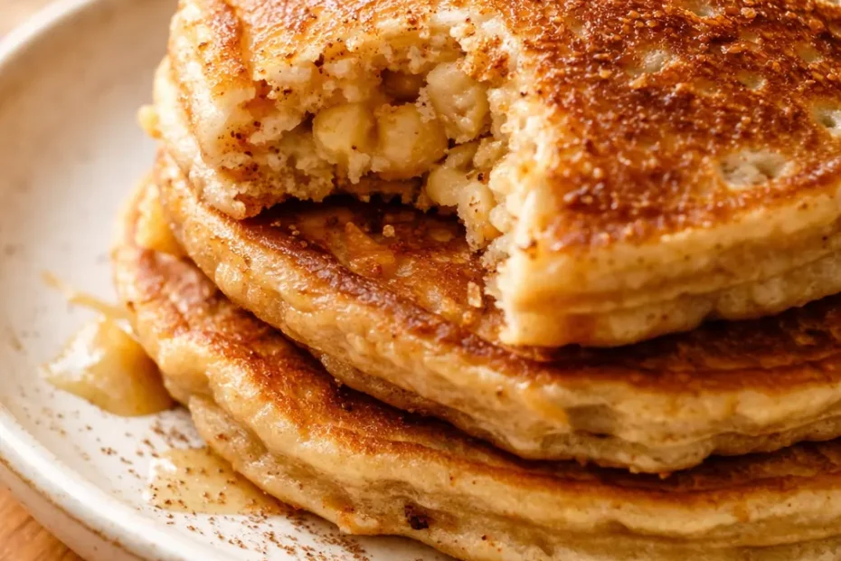Tall stack of golden brown fluffy banana pancakes with butter melting on top and maple syrup dripping down