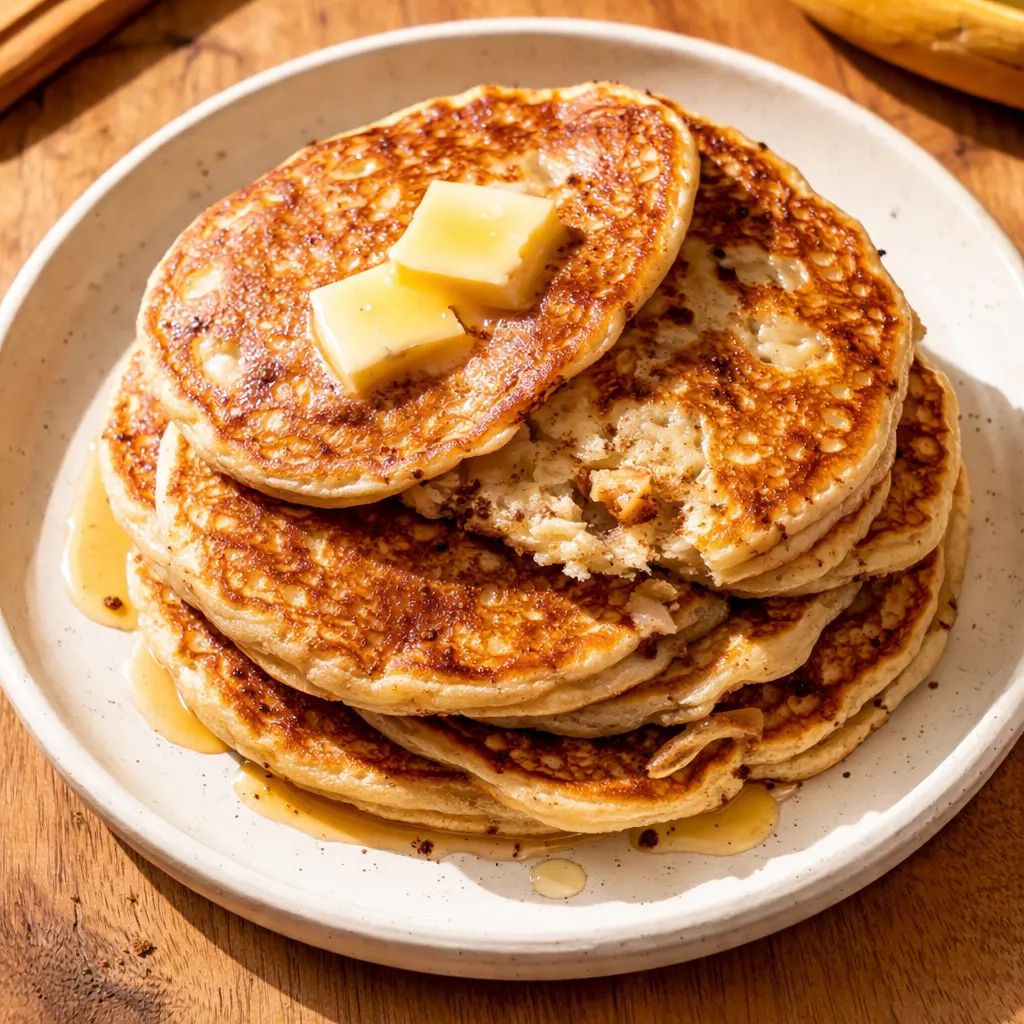 Pouring fluffy banana pancake batter onto a hot griddle, small bubbles forming on the golden surface