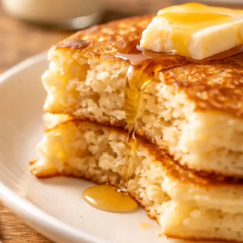 Golden brown fluffy buttermilk pancakes stacked with butter and syrup, light and airy texture