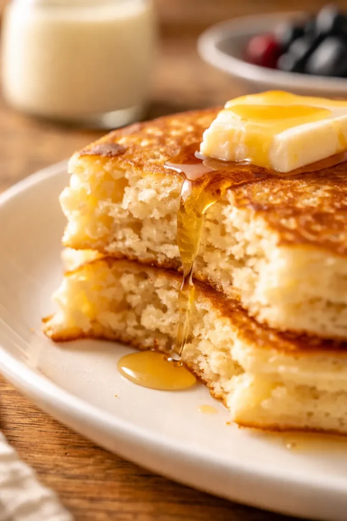 Golden brown fluffy buttermilk pancakes stacked with butter and syrup, light and airy texture