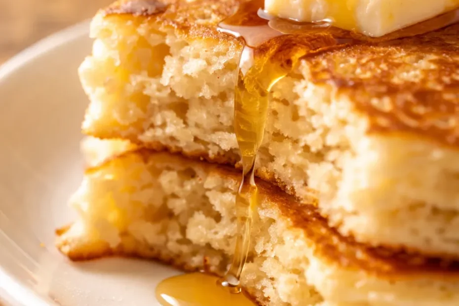 Golden brown fluffy buttermilk pancakes stacked with butter and syrup, light and airy texture
