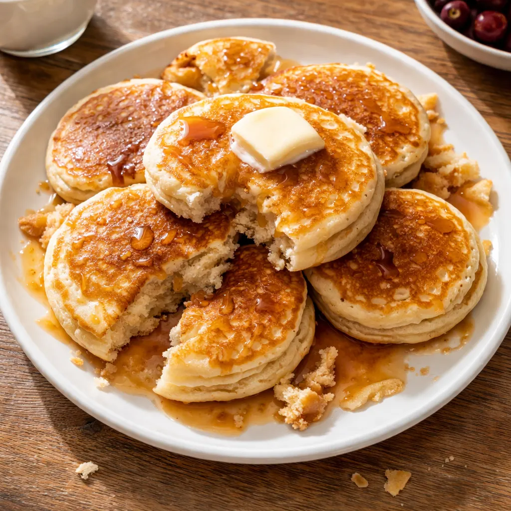 Pouring thick pancake batter onto a buttered hot griddle, with golden edges and bubbles forming