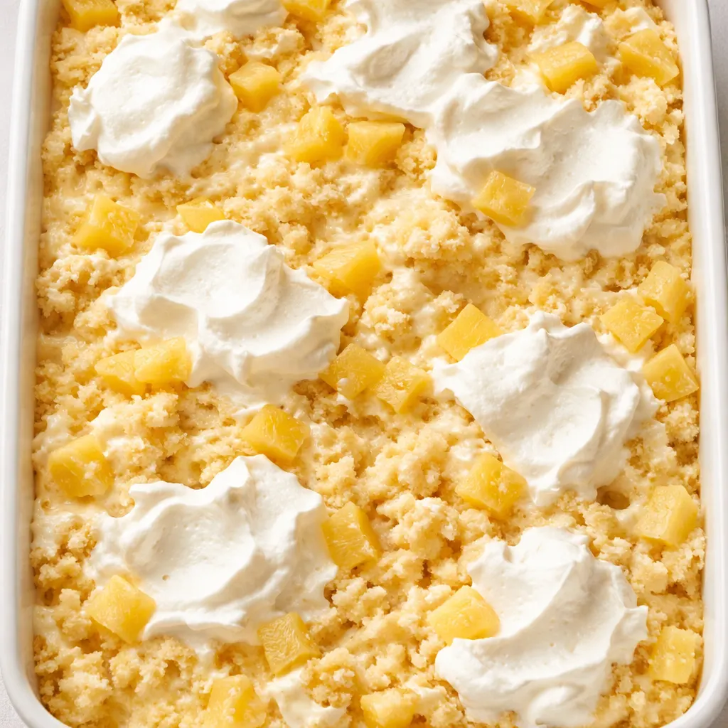 Pouring creamy milk mixture over fluffy pineapple tres leches cake, showing golden sponge and pineapple pieces