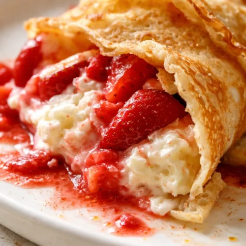 Fluffy strawberry cream cheese crepes stacked on a white plate, topped with fresh strawberry slices and a dusting of powdered sugar, creamy filling visible