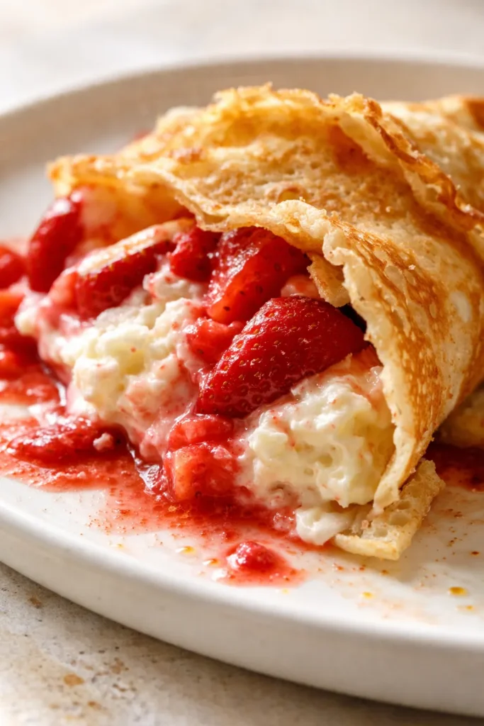 Fluffy strawberry cream cheese crepes stacked on a white plate, topped with fresh strawberry slices and a dusting of powdered sugar, creamy filling visible