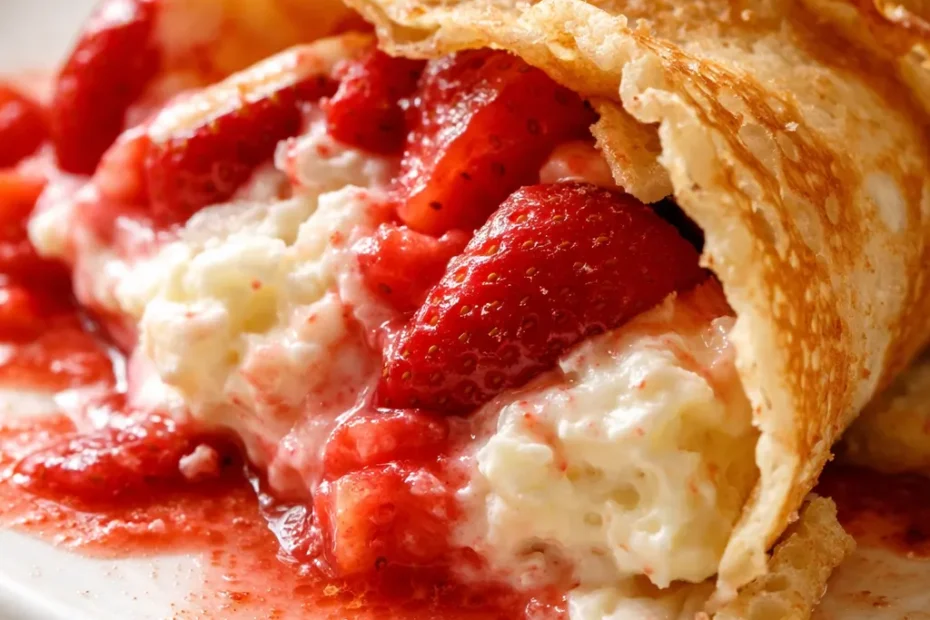 Fluffy strawberry cream cheese crepes stacked on a white plate, topped with fresh strawberry slices and a dusting of powdered sugar, creamy filling visible