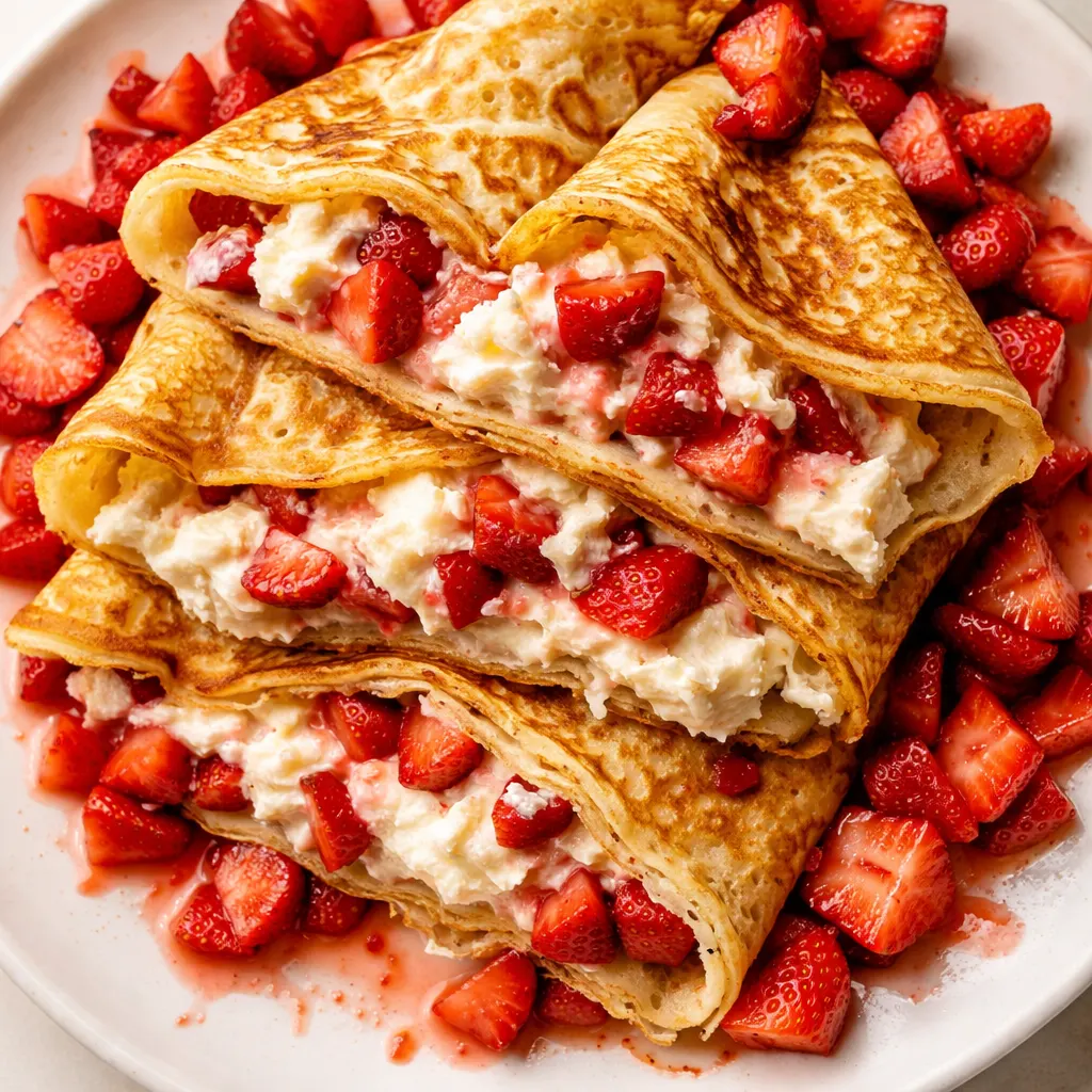 Silky cream cheese filling being spread onto a golden crepe with fresh strawberry slices on top, showing creamy texture