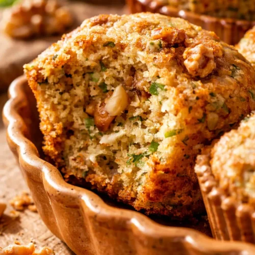 Golden brown fluffy zucchini muffins topped with crunchy walnuts on a wire rack, showing moist texture