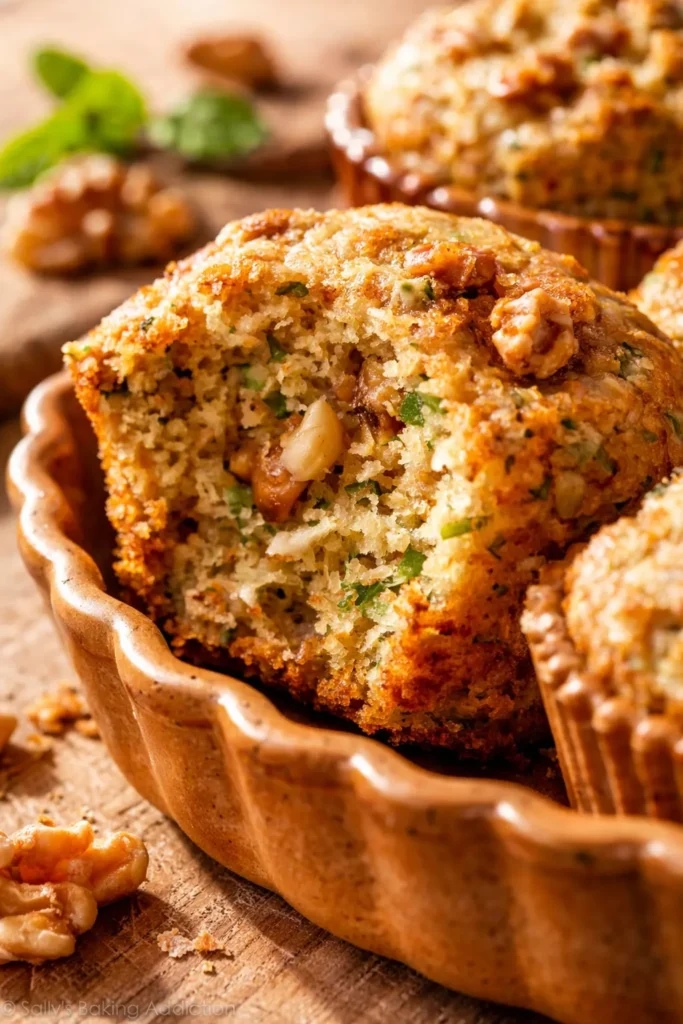 Golden brown fluffy zucchini muffins topped with crunchy walnuts on a wire rack, showing moist texture