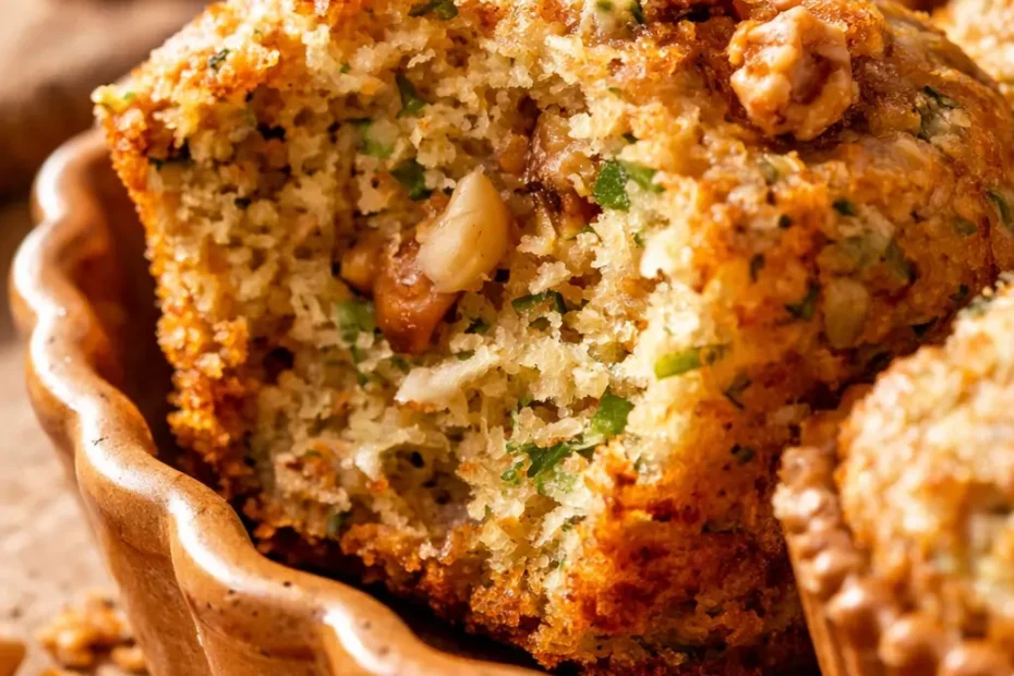 Golden brown fluffy zucchini muffins topped with crunchy walnuts on a wire rack, showing moist texture