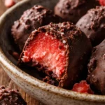 Glossy frozen chocolate covered strawberry bites on a parchment-lined tray with a cocoa dusting, showing the bright red berry inside
