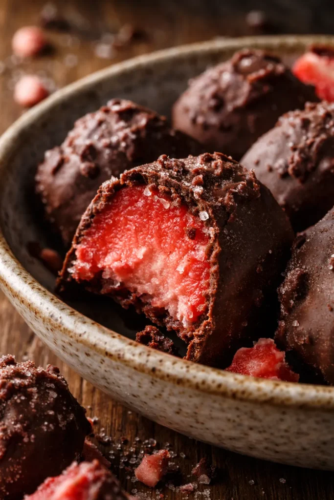 Glossy frozen chocolate covered strawberry bites on a parchment-lined tray with a cocoa dusting, showing the bright red berry inside
