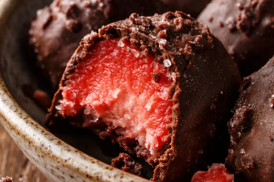 Glossy frozen chocolate covered strawberry bites on a parchment-lined tray with a cocoa dusting, showing the bright red berry inside