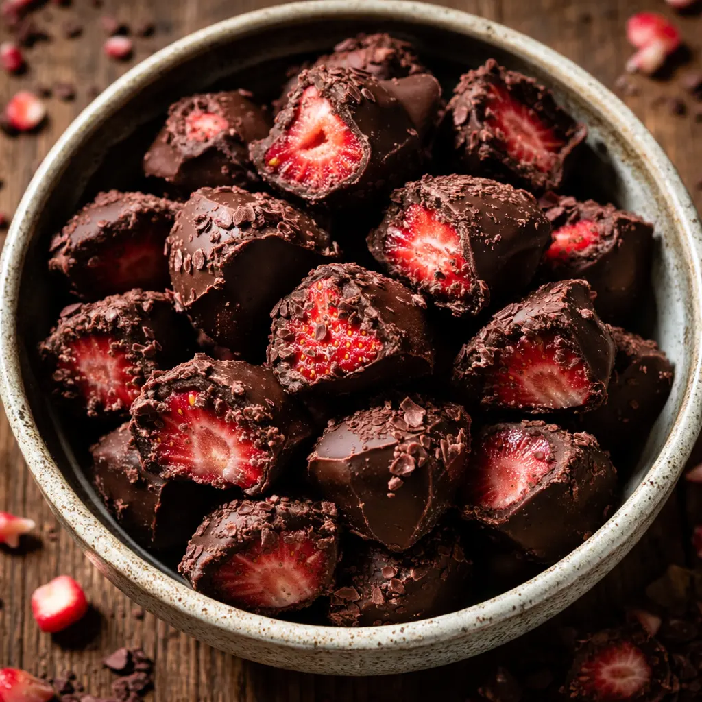 Fresh strawberries being dipped into glossy melted chocolate candy coating, with a tray of finished frozen chocolate covered strawberry bites showing a dark chocolate shell