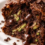 Moist gluten-free chocolate zucchini bread sliced on a white plate, showing dark fudgy crumb with tiny green zucchini flecks