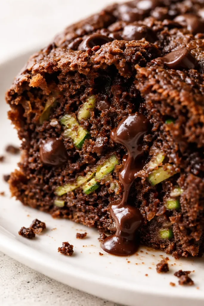 Moist gluten-free chocolate zucchini bread sliced on a white plate, showing dark fudgy crumb with tiny green zucchini flecks