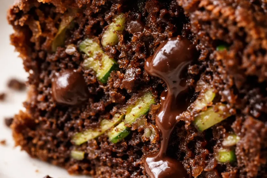 Moist gluten-free chocolate zucchini bread sliced on a white plate, showing dark fudgy crumb with tiny green zucchini flecks