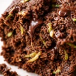 Moist gluten-free chocolate zucchini bread slice with fudgy crumb and visible green zucchini specks, perfect for a quick 45-minute loaf
