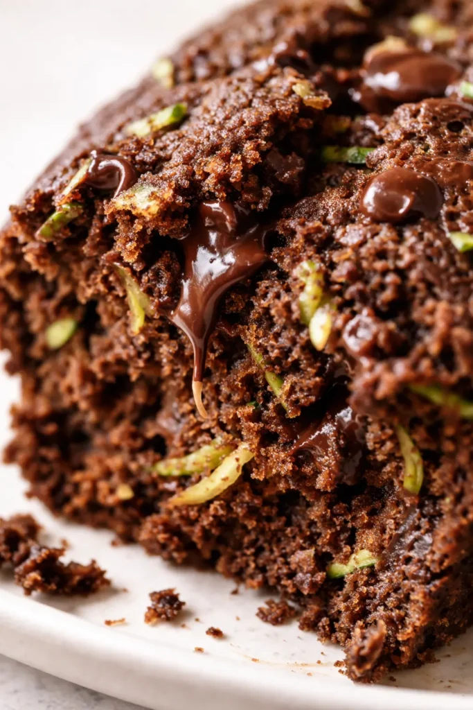 Moist gluten-free chocolate zucchini bread slice with fudgy crumb and visible green zucchini specks, perfect for a quick 45-minute loaf