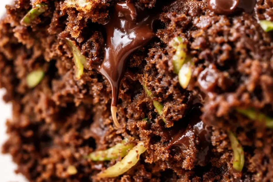 Moist gluten-free chocolate zucchini bread slice with fudgy crumb and visible green zucchini specks, perfect for a quick 45-minute loaf