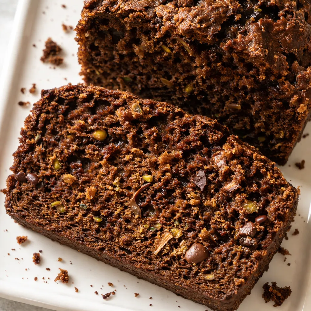 Gluten-free chocolate zucchini bread batter with shredded zucchini being folded together, showing the moist texture and flecks of green