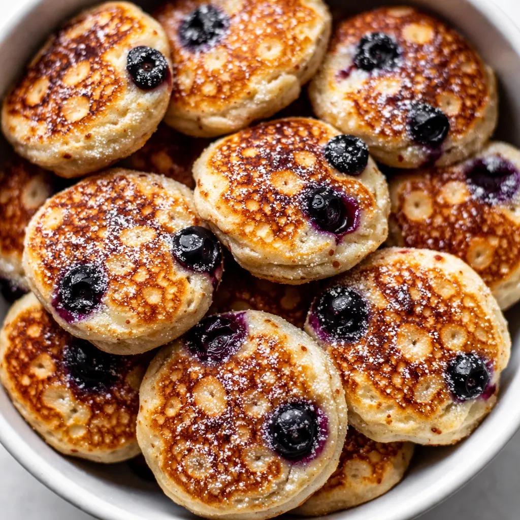 Spooning fluffy lemon blueberry pancake batter into a greased muffin tin, Greek yogurt and blueberries visible