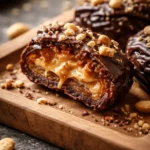 Decadent date snickers bars on a wooden board drizzled with dark chocolate and sprinkled with peanuts, showing creamy peanut butter filling and sticky date texture