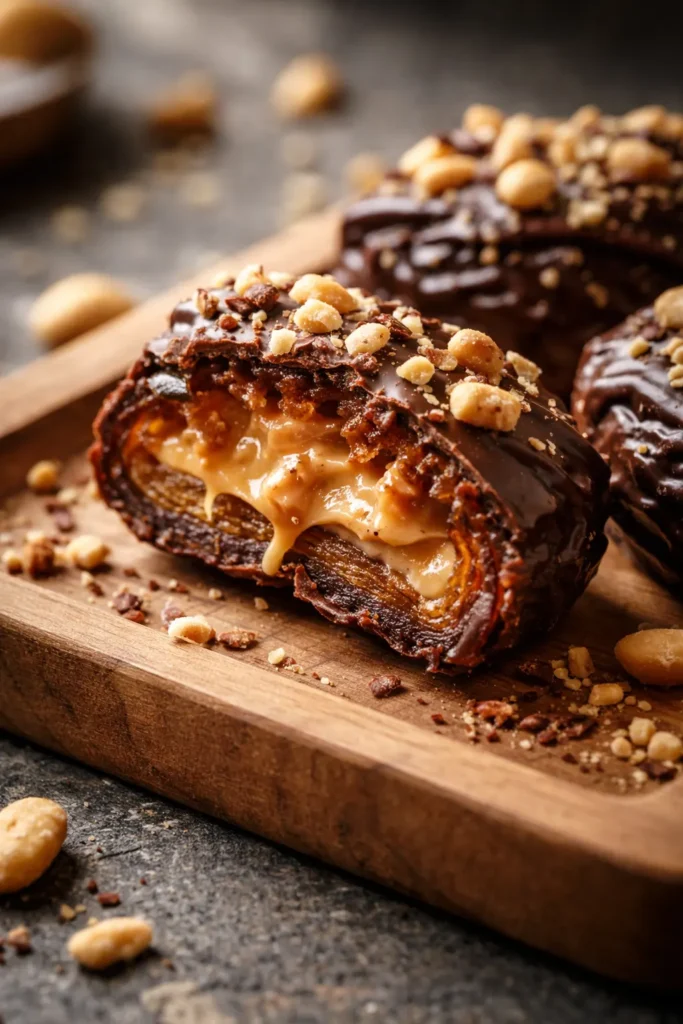 Decadent date snickers bars on a wooden board drizzled with dark chocolate and sprinkled with peanuts, showing creamy peanut butter filling and sticky date texture