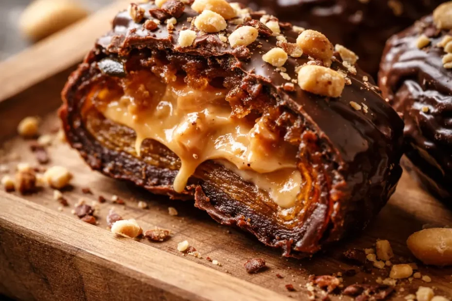 Decadent date snickers bars on a wooden board drizzled with dark chocolate and sprinkled with peanuts, showing creamy peanut butter filling and sticky date texture