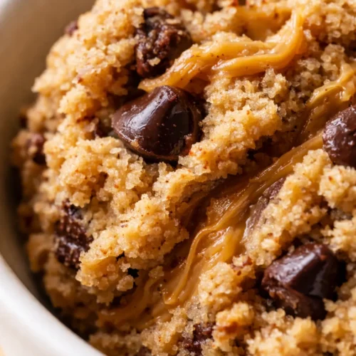Creamy thick protein cookie dough with chocolate chips on a white plate, showing a smooth and scoopable texture