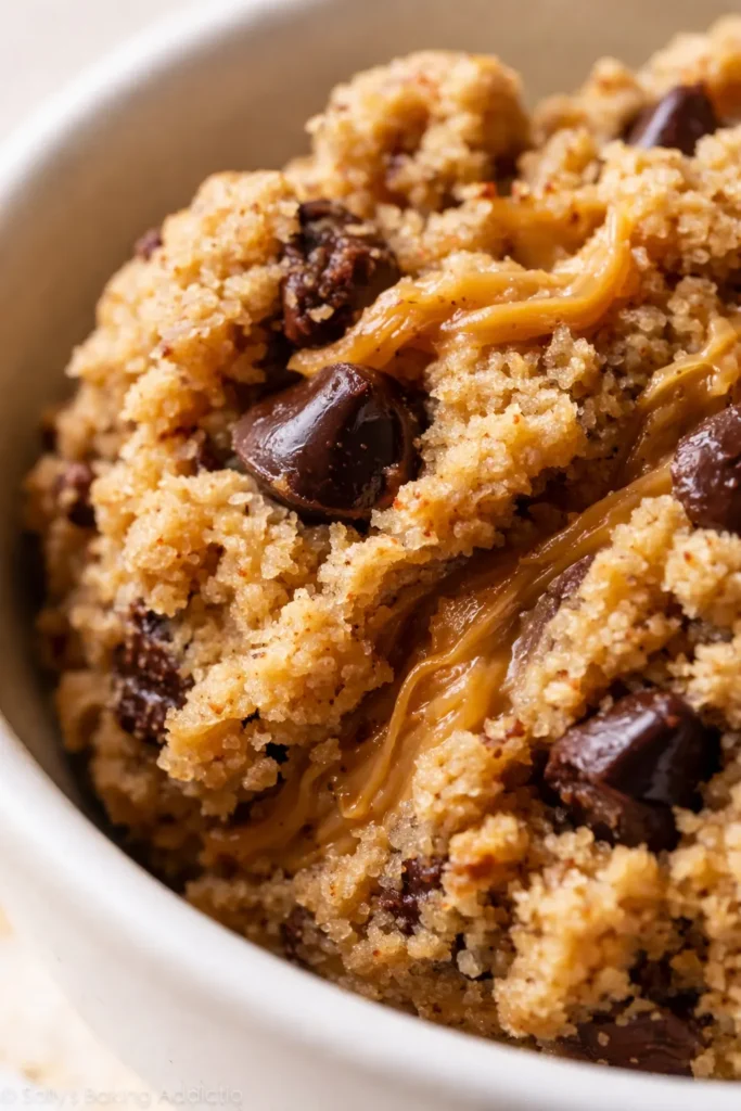 Creamy thick protein cookie dough with chocolate chips on a white plate, showing a smooth and scoopable texture