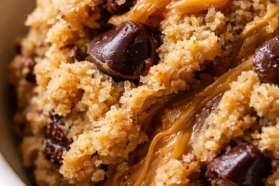 Creamy thick protein cookie dough with chocolate chips on a white plate, showing a smooth and scoopable texture