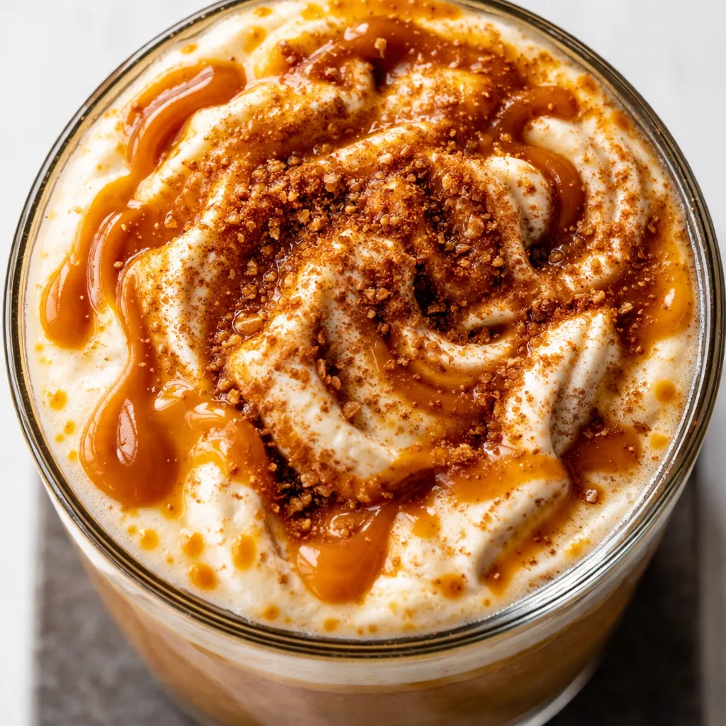 Drizzling caramel and cinnamon dolce topping over an iced Hocus Pocus Latte with white mocha swirl