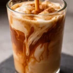 Iced Hocus Pocus latte with white mocha sauce, apple brown sugar syrup, and caramel drizzle, topped with cinnamon dolce