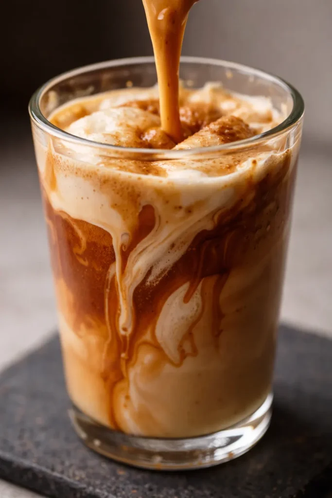 Iced Hocus Pocus latte with white mocha sauce, apple brown sugar syrup, and caramel drizzle, topped with cinnamon dolce