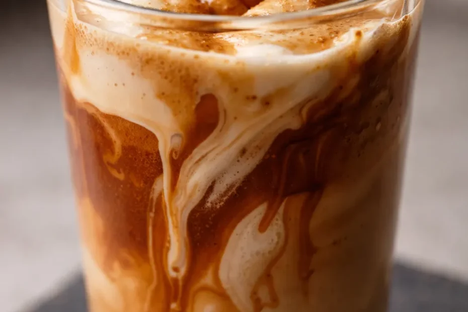 Iced Hocus Pocus latte with white mocha sauce, apple brown sugar syrup, and caramel drizzle, topped with cinnamon dolce