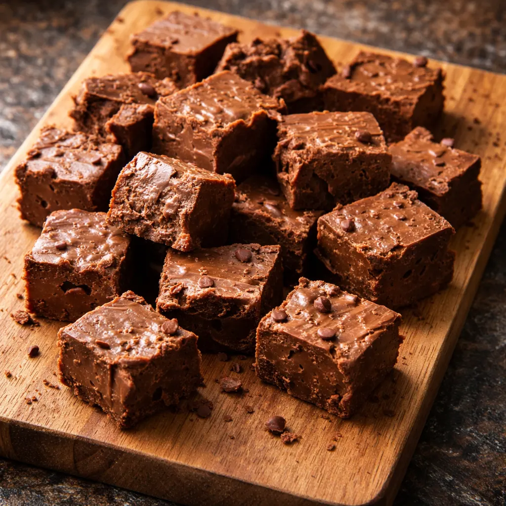 Stirring creamy chocolate fudge mixture in a saucepan with a spatula, showing smooth texture