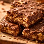 Homemade no-bake Kit Kat bars stacked on a plate, showing crispy chocolate layers and peanut butter filling, shiny chocolate coating