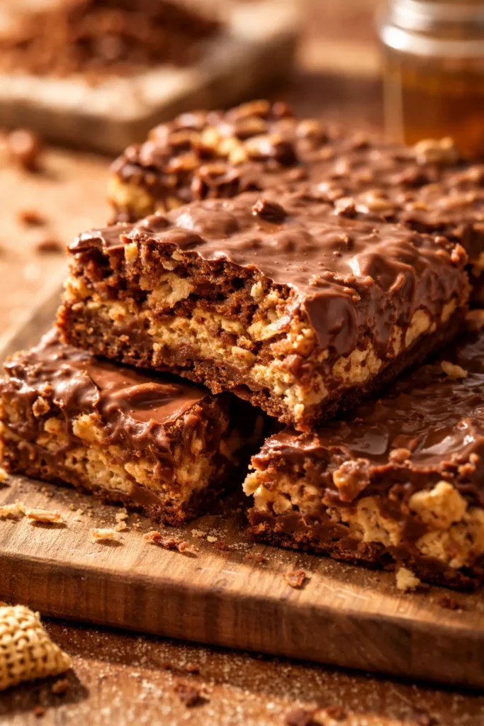 Homemade no-bake Kit Kat bars stacked on a plate, showing crispy chocolate layers and peanut butter filling, shiny chocolate coating