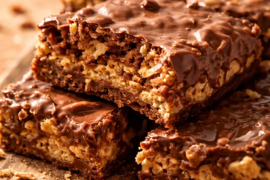 Homemade no-bake Kit Kat bars stacked on a plate, showing crispy chocolate layers and peanut butter filling, shiny chocolate coating