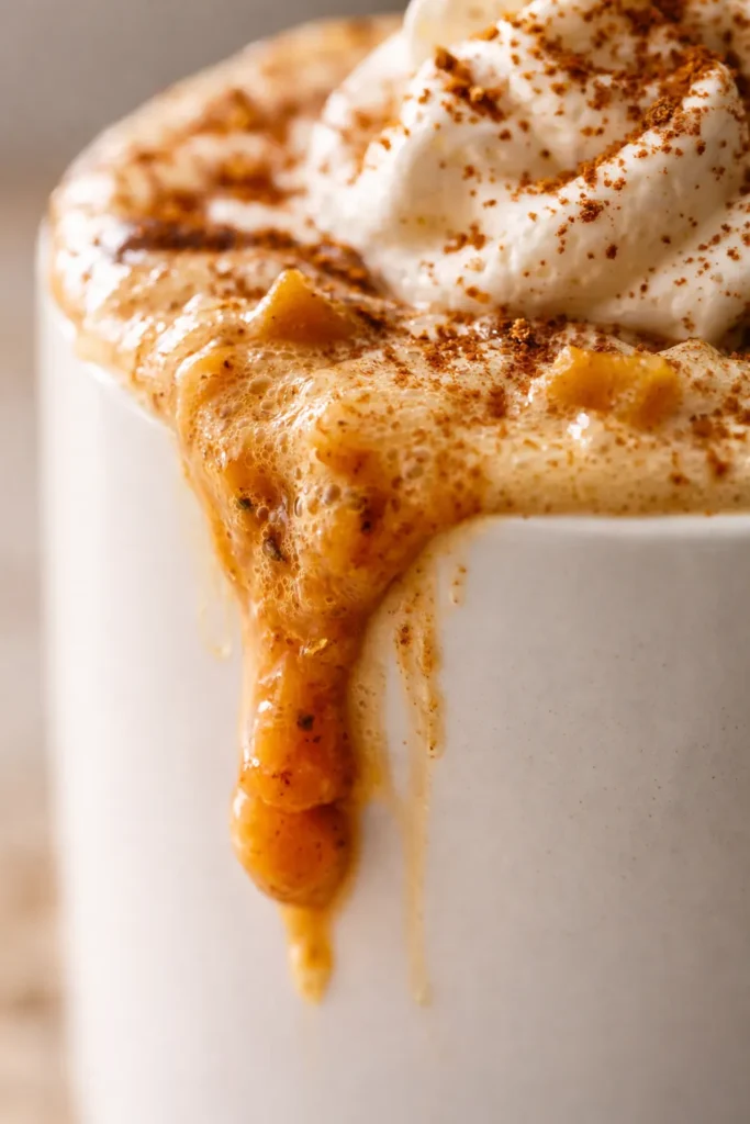 Steaming homemade pumpkin spice latte in a white mug with frothy milk foam and a sprinkle of pumpkin pie spice, on a rustic wood table