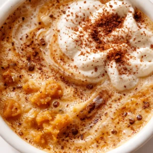 Whisking pumpkin puree into warm milk for a homemade pumpkin spice latte, creating a creamy orange swirl