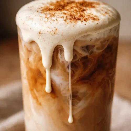 Tall glass of creamy iced apple crisp nondairy cream chai latte, with frothy oat milk top and ice cubes, amber caramel color