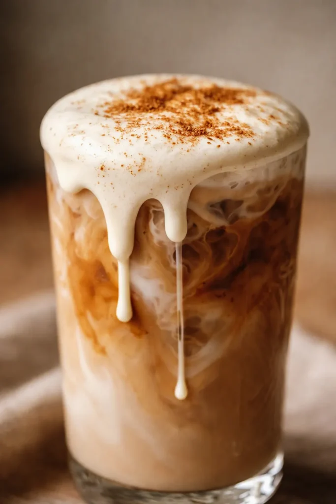 Tall glass of creamy iced apple crisp nondairy cream chai latte, with frothy oat milk top and ice cubes, amber caramel color