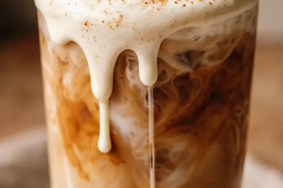 Tall glass of creamy iced apple crisp nondairy cream chai latte, with frothy oat milk top and ice cubes, amber caramel color