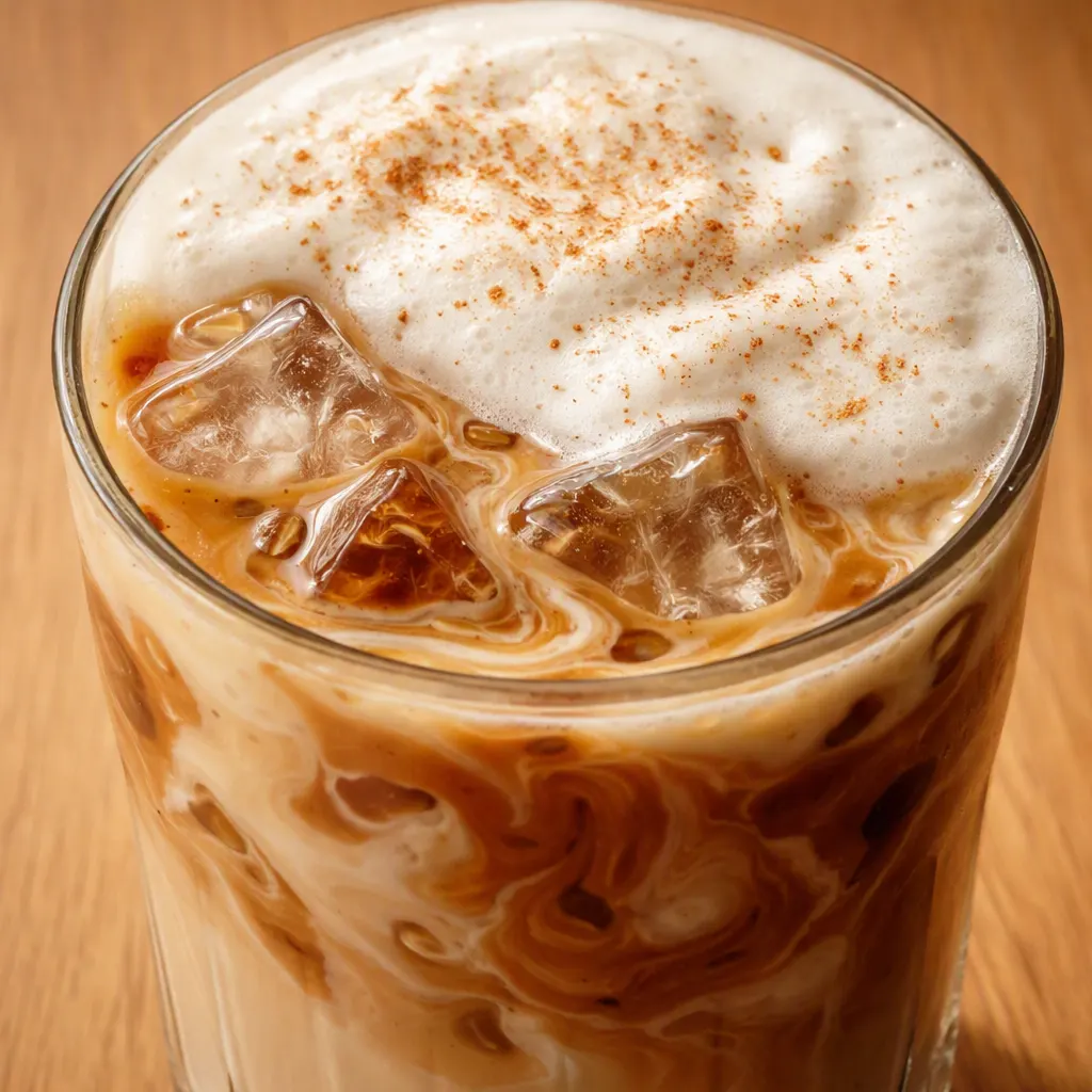 Pouring frothy oat milk into a glass filled with ice and dark chai tea, with golden apple syrup swirls