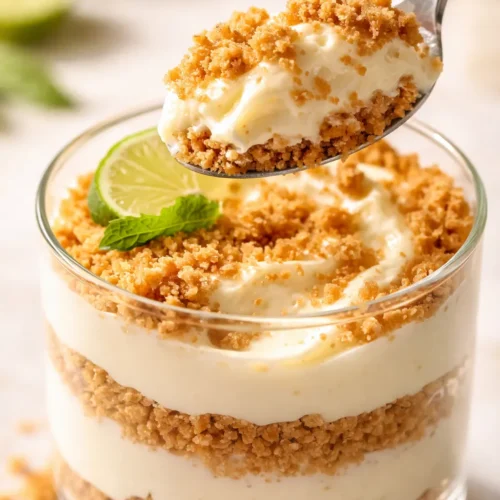 Creamy key lime cheesecake parfaits in glass cups with crunchy graham cracker crust and lime zest garnish