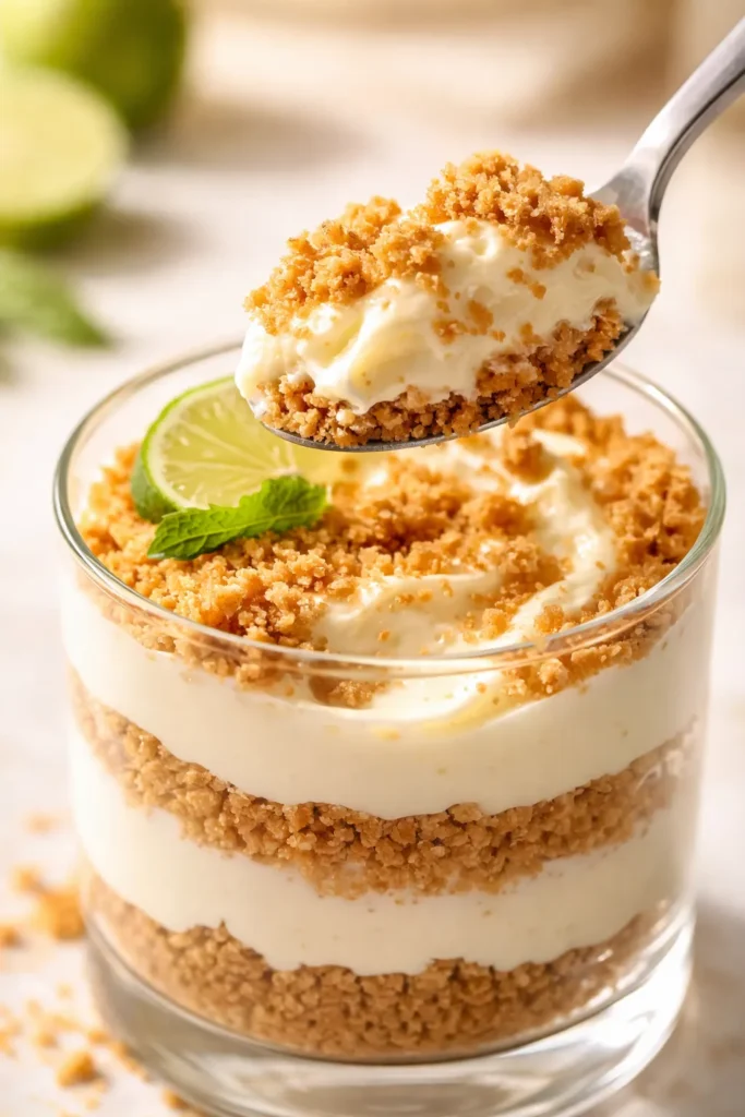 Creamy key lime cheesecake parfaits in glass cups with crunchy graham cracker crust and lime zest garnish