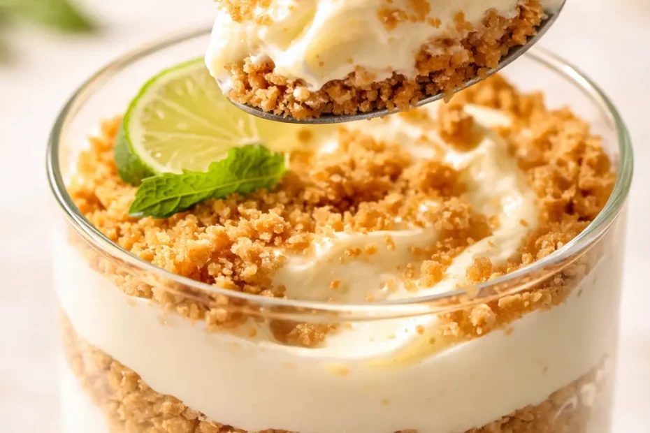 Creamy key lime cheesecake parfaits in glass cups with crunchy graham cracker crust and lime zest garnish